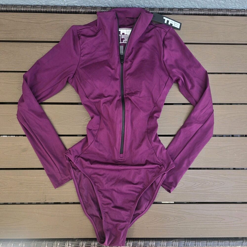 TA3 Aubergine Long Sleeve Surfy Reg Long Torso Swim Corset Waist Size S New - Picture 2 of 6